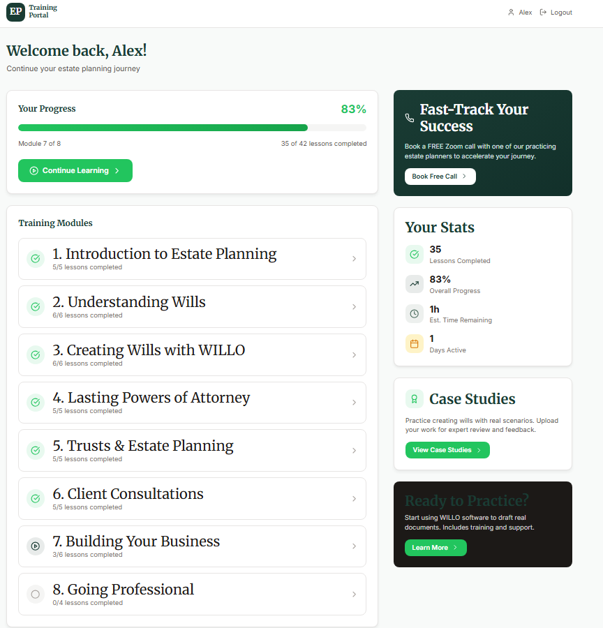 Become an Estate Planner training portal — student dashboard showing modules, lessons and progress